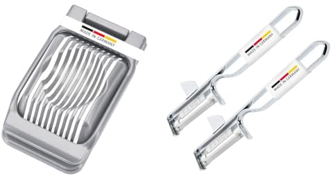 Westmark Eierteiler für runde und ovale Scheiben & 2 Universal-Sparschäler/Pendelschäler mit geschärftem Ausstecher, Edelstahlklinge, Famos, Metall/Verchromt, 106122E4