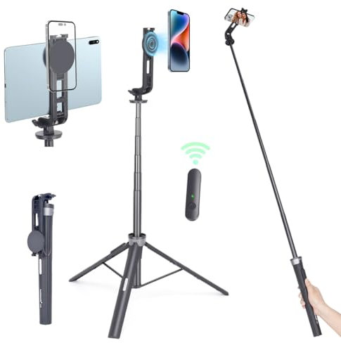 Koolehaoda 64 Magnetic Selfie Stick Tripod Phone Tripod Tablet Floor Stand with Magnetic Phone Holder & Detachable Wireless Remote, Compatible with iPhone Samsung GoPro Smartphone & Tablet