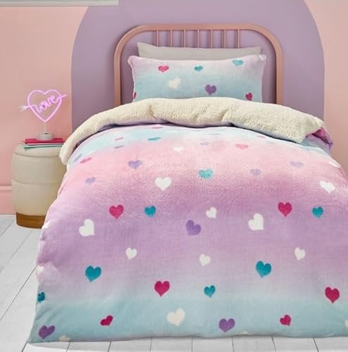 Bedlam - Housse de Couette en Polaire Rose cœur - Lit Simple (140 x 200 cm) - Housse de Couette Douce et Confortable Rose ombré pour Filles - Parure de lit Arc-en-Ciel avec cœur d'amour pour Enfants