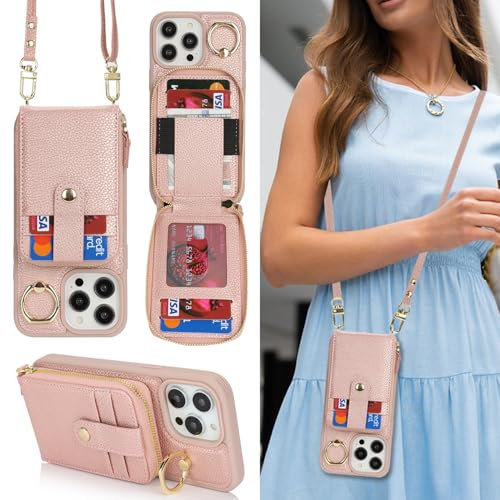 SailorTech per iPhone 13 Pro Max Custodia per telefono Supporto ad anello con portacarte per donne, iPhone 13 Pro Max Custodia a tracolla Portafoglio con cerniera per carta di credito-Oro Rosa