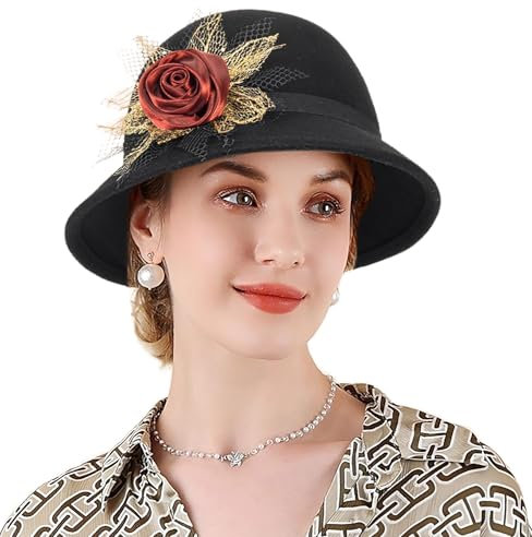 Damenhut im Stil der 1920er Jahre, Wollmütze, Kirchenhut, Gatsby, Wintermütze, Filzmütze, Vintage-Mütze, Bowler-Hut mit Schleife (M/L), Schwarz mit Rose, M
