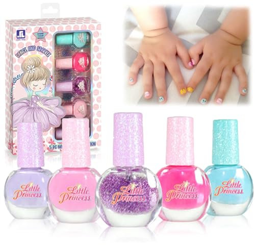 Candy Colour Glitter Nail Polish Set, 5 Non-Toxic Peelable, Quick Drying Water Based, Pink, Gift for Girls