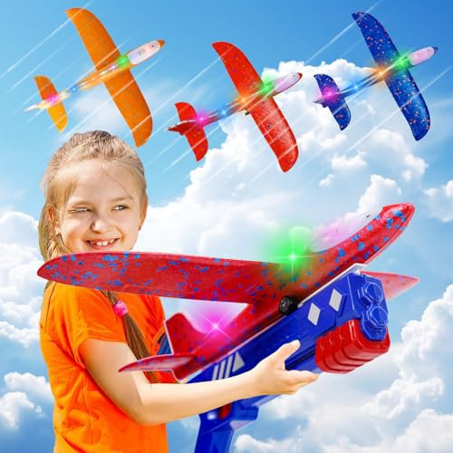 IOUGDSEC Paquete de 3 aviones lanzador de juguetes de avión, catapulta deslizante de espuma LED, 2 modos de vuelo, volar, 3-12 años de edad, regalos de cumpleaños para niños y niñas