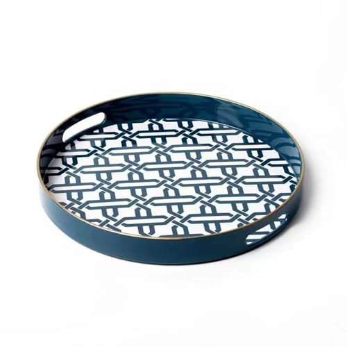 Fuukou Blue Round Serving Tray with Handles,13 Decorative Ottoman Coffee Table for Perfume,Living Room,Home Decor