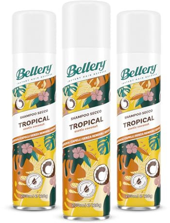 Bellery Tropical Exotic Coconut Dry Shampoo – Trockenshampoo für alle Haartypen – erfrischende und belebende Formel – exotischer und umhüllender Duft – 3 Shampoo Spray à 200 ml
