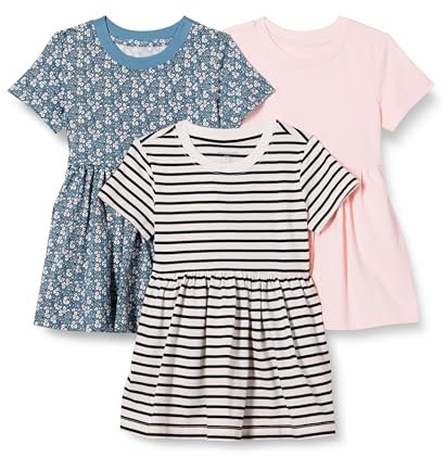 Amazon Essentials Robe en jersey à manches courtes Fille, Lot de 3, Fleuri/Rose Pâle/Tissu Rayé, 10 ans