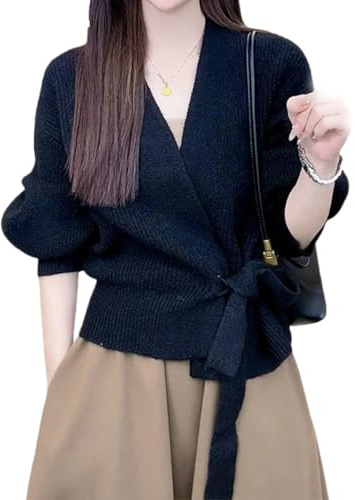 ROFIHOKS Pull Cache-cœur Court pour Femme, Pull Cache-cœur col en V, Haut Court en Tricot croisé, Cardigan en Tricot, Hauts