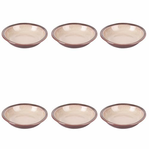 Villa d'Este Home Tivoli Set 6 piatti fondi beige in gres, bordo marrone, Bretagne Terra