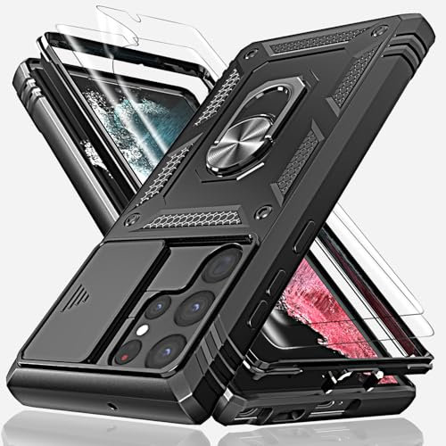 for Samsung S23 Ultra Case with Camera Cover Slider, 2*Screen Protectors,Build in 360°Rotating Ring Kickstand, Military Grade Protective Case for Samsung Galaxy S23 Ultra 5G 6.9-Black