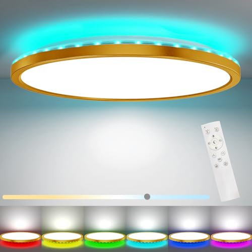 Peasur 30CM LED Ceiling Light 3000-6500K, 24W 3200LM Golden Bathroom Light Dimmable with Remote Control, RGB Color Changing Backlight, Flush Ceiling Lights Round for Bedroom Kitchen Hallway