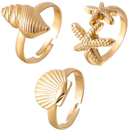 Mikovivi 3stk Muschelringe mit Seesternen, Zierliche Ringe aus Gold Stilvoller Seesternschmuck Verstellbarer Strandschmuck Sommer- Ozean-Geschenke für Frauen