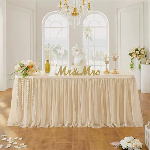 FANSU Tüll Tischrock, Tischrock Party Doppelschicht Tisch Rock Deko Tischdecke Rund Rechteckig Tischdekoration für Geburtstag Kuchen Hochzeit Babyparty Weihnachten (Beige,14FT/426x75cm)