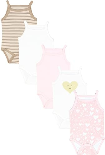 TupTam Body Baby Mädchen 5er Set – Sommer Body Baby mit Spaghettiträgern aus 100% Baumwolle, Farbe: Herzen Aprikot Ecru Hellbeige, Größe: 98