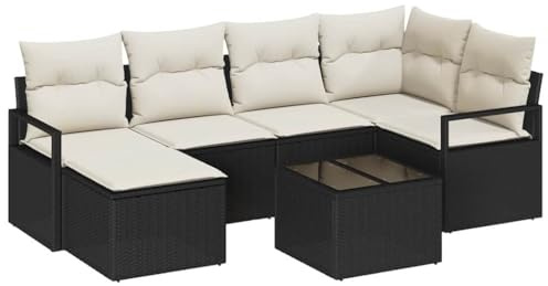 vidaXL 6-teiliges modulares Garten-Sofa-Set mit Kissen in Schwarz aus Poly-Rattan – wetterfeste Sitzmöbel für Moderne Terrassen und Lounges im Garten für den Sommer