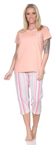 Normann Damen Schlafanzug Kurzarm Pyjama mit Capri-Pyjamahose in Streifenoptik