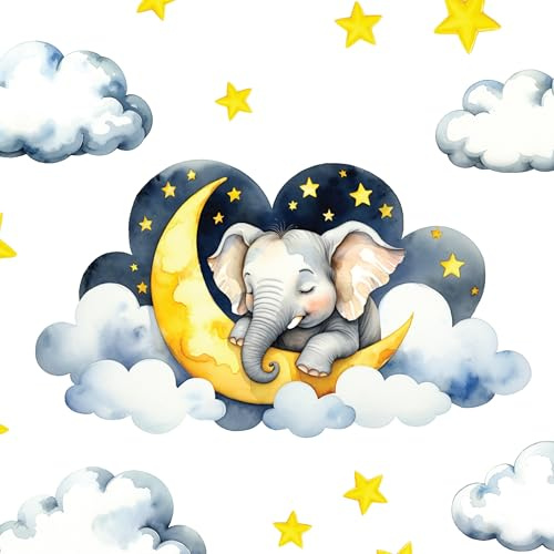 Boho Kinderzimmer Wandtattoos – Traumhafter Aquarell Elefant auf Wolke | Mehrteiliges Set mit Wolken, Mond & Sternen | Abnehmbare Stoff Wanddeko fürs Kinderzimmer
