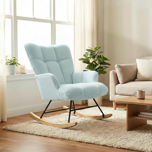 Alivio Comfortable Rocking Chair, Teddy Rocking Arm Chair for Nursery with High Backrest for Living Room Bedroom Balcony (Blue)