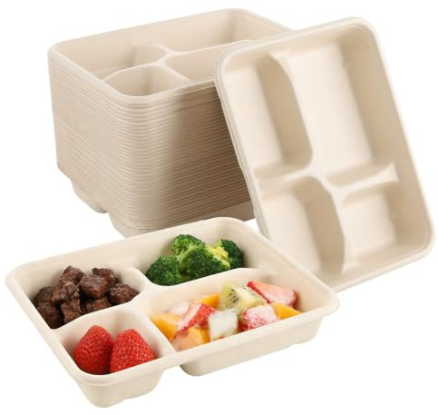 LDHHYH 100 Pack 4 Compartment Disposable Paper Plates, 22.5 x 17.5 cm | Heavy Duty Bagasse Plate School Lunch Trays,4 Section Sugarcane Bagasse Trays for Party, Picnic,Meal Serving