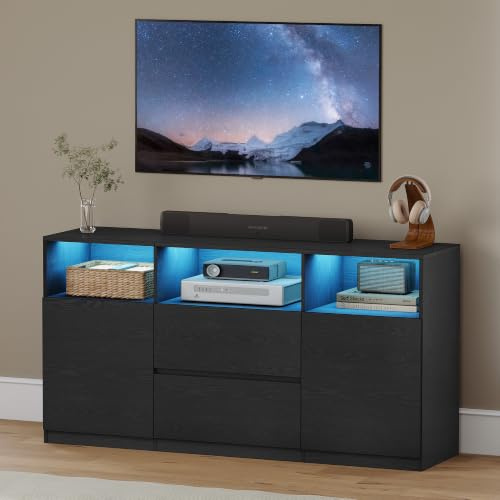 Hzuaneri Mueble de TV, con Luces LED, 147 x 40 x 76 cm, Negro | Mesa de TV de hasta 65 Pulgadas, 2 Cajones, 2 Gabinete y 3 Compartimentos, para Salón, Dormitorio, TV17004XEU