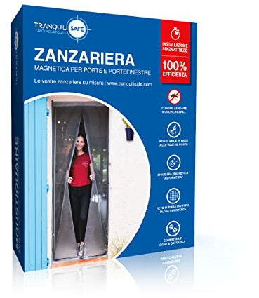 Moustiquaire ajustable aimantée TRANQUILISAFE® pour portes et portes fenêtres – moustiquaire magnétique – moustiquaire porte automatique – moustiquaire compatible chatière (L 80/96 - H 207/215)