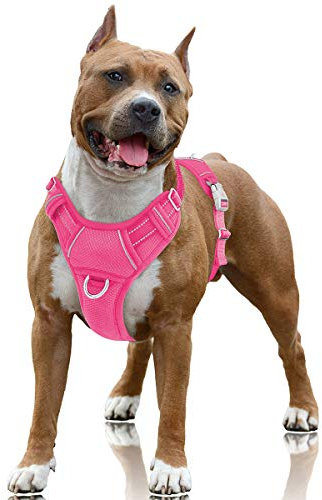BARKBAY Hundegeschirr, kein Ziehen, groß, reflektierend, mit Frontclip und einfachem Griff für Spaziergänge, Training, Laufen mit ID-Tag-Tasche (Rosa, L)