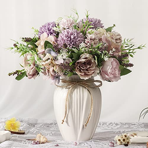 JARELING Künstliche Pfingstrosen in Vase, künstliche Hortensien, Seidenpfingstrosen, Blumenstrauß mit Vase, Kunstblumen, Arrangement, Dekoration, Zuhause, Tisch, Esszimmer (lila)