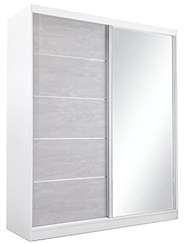 MOEBLO Kleiderschrank Schwebetürenschrank 2-türig Schrank mit zusätzlichen Stauraum (Schrankaufsatz) vielen Einlegeböden und Kleiderstange Gaderobe Schiebtüren BxHxT 183x218x61 - Beton (Weiß)