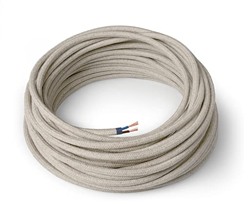 Amarcords - Câble électrique textile couleur ECRU, rond, chanvre, 5 mètres, à 2 brins 2x0,75 - Fil vintage en tissu coloré, pour lampes, lustres, appliques et abat-jours.