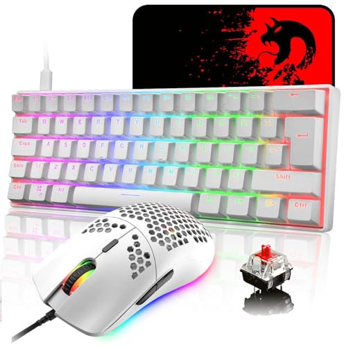 LexonElec MK21 UK Layout 60% Teclado Mecánico Set, 62 Teclas con Cable RGB Teclado Retroiluminado para Juegos + 6400DPI Ratón de Nido de Abeja Ultraligero + Mouse Pad para PC Mac - White/Red Switch