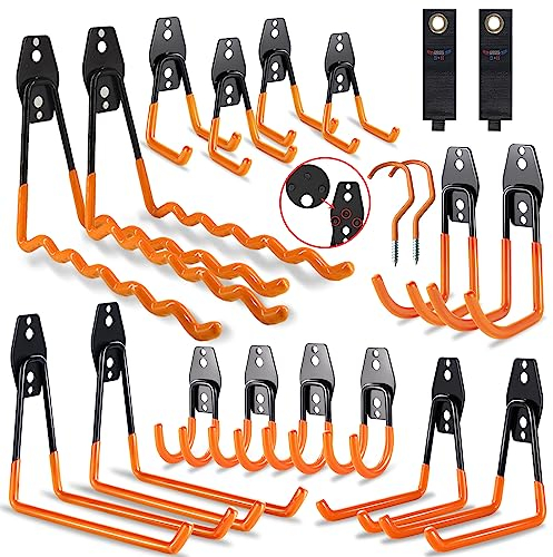 3-H Crochet Mural Garage 20PC, Rangement Garage,Crochet Mural en Acier Avec 3 Soudures au Lieu de 2 Plus Fortes pour Êchelle,Vélos,Tuyaux,Outils électriques(Orange)