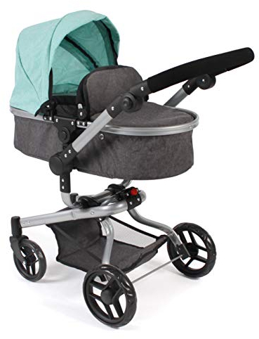 Puppenwagen Yolo, 2in1 Kombipuppenwagen für Kinder von 4 bis 8 Jahren, Melange Anthrazit-Mint