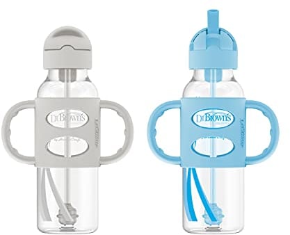 Dr. Brown's Milestones Narrow Sippy Straw Bottle, Spill-Proof with 100% Silicone Handles and Weighted Straw, 8 oz/250 mL, Gray & Blue, 6m+