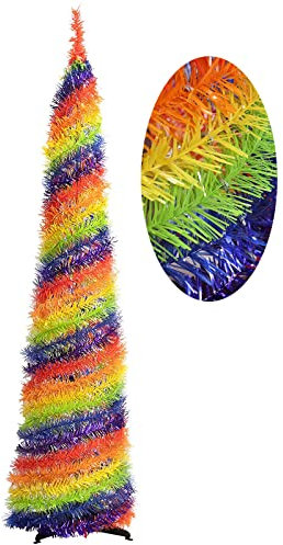 SHOKAN 5Ft Pop Up Christmas Tree, Collapsible Rainbow Christmas Tinsel Tree for Small Apartment, Colorful Artificial Pencil Xmas Tree for Indoor Outdoor Christmas Party Decorations