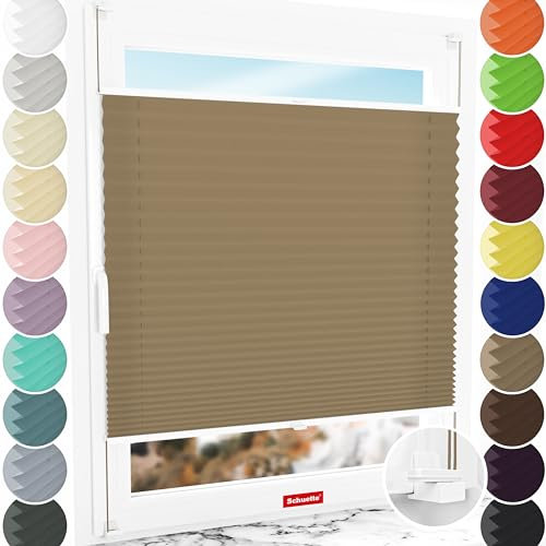 Schuette® Plissee ohne Bohren ● Premium Kollektion: Morning Coffee (Hellbraun) ● 100x100cm (Breite x Höhe) ● Suprafix Faltrollo X Klemmfix Rollo ● Blitzschnelle Montage inkl. Video