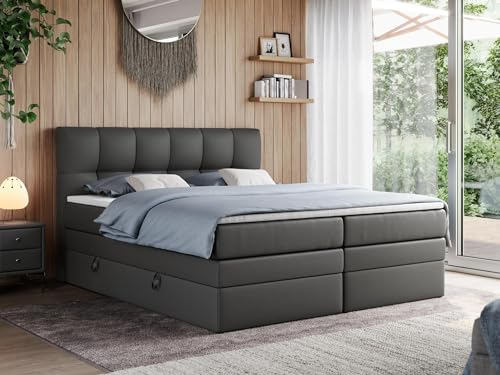 MKS MEBLE King Boxspringbett 180x200, Polsterbett 180x200 mit Bettkasten, Bett 180x200 mit Multipocket-Matratze H4, Boxspringbett 180x200 mit Kopfteil und Topper - H4 Dunkelgrau Kunstleder - Alvin