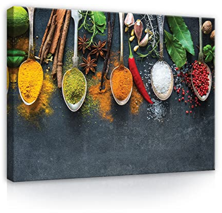 WallArena - Leinwand Bilder - Küche Gewürz Kräuter Essen Esszimmer - 100x75 cm Leinwandbilder - Bild auf leinwand - Wandbild XXL groß Wandbilder für Wohnzimmer Schlafzimmer Wohnzimmerbilder Modern