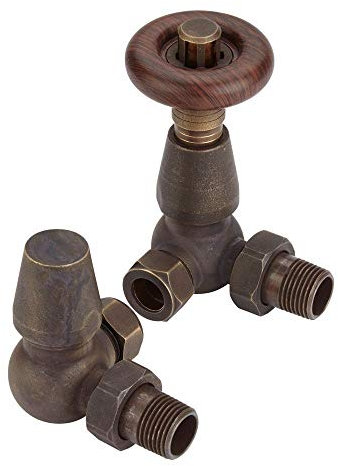 Excel Home Thermostatic Corner Radiator Valves - Traditional Design 1/2 x 15mm Metal Head Radiator Valves (Antique Brass)
