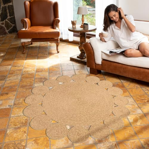 ENGLISH HOME Jute Teppich Rund, Boho und Ethno Look Teppich für Wohnzimmer, Schlafzimmer, Ankleidezimmer, im Flur oder Esszimmer, Dekorativer Juteteppich 90 cm, Ring, Natur