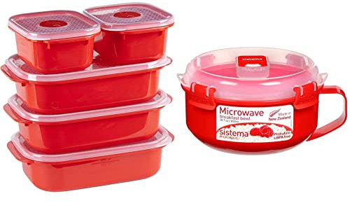 Décor Microsafe Oblong Set 5 pack | 2 x 375ml, 3 x 900ml Microwave Containers | BPA free | Steam Release Vent |Dishwasher safe & Sistema Microwave Breakfast Bowl | 850 ml | BPA-Free | Red | 1 Count