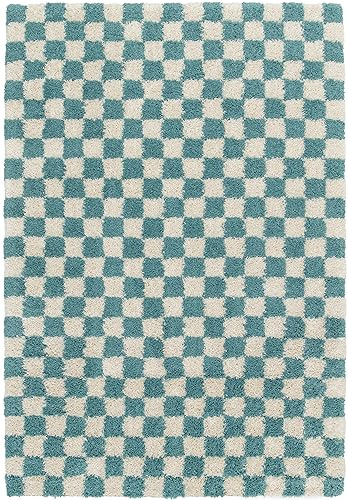 Shaggy Schachbrettmuster Teppich, Rechteckiger Teppich für das Wohnzimmer - Schlafzimmer, Weich und Bequem, Pflegeleicht, Florhöhe 30 mm, Polypropylen, 200x290 cm, Türkis