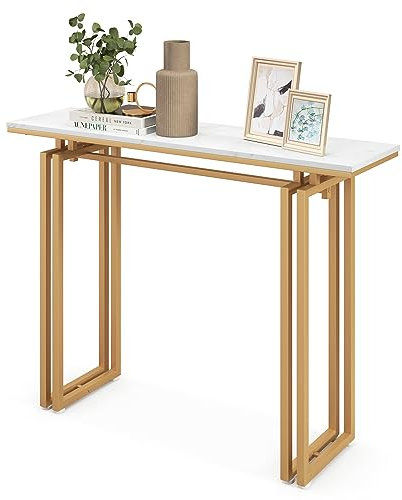 COSTWAY Table Console, Meuble d'Entrée en Faux Marbre, Cadre en Métal, Kit Anti-Basculement Inclus, pour Entrée, Couloir, Salon, 110 x 30 x 81 cm (Doré)