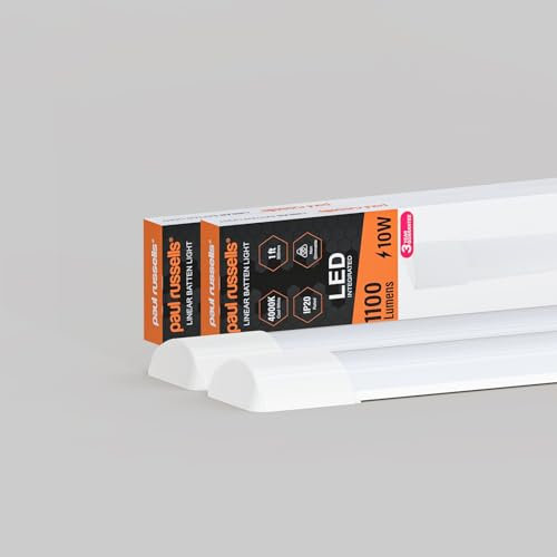 paul russells 1ft LED Batten, Ceiling Fitting Tube Light, 4000K Cool White, 10W, 1100 Lumens, Light for Office, Bathroom, Kitchen, Garage, Warehouse Fluorescent Lighting Replacement, 2 Packs