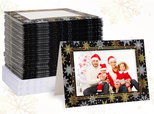 Whaline 40 Set Winter Bilderrahmen Grußkarten mit Umschlägen Schneeflocke Fotohülle Happy New Year Karten 2024 Schwarz Gold Xmas Urlaub Bilderrahmen Notizkarten für Party Einladungskarten