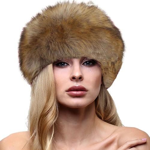 Bonnet en fausse fourrure pour femme Style cosaque russe, Fausse fourrure de renard marron, taille unique