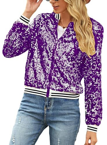 Naimo Veste à paillettes pour femme - Manches longues - Ouverte - Fermeture éclair - Blazer Sparkle Party Festival - Blouson bomber métallique, lilas, M