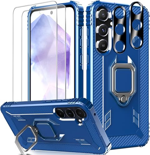Wiaocit 5 in 1 Handyhülle für Samsung Galaxy A55 5G Hülle mit 2 Stück für Panzerglas+ 2 Stück Kameraschutz Zubehör [Militärischer Schutzgrad] 360°Fingerringhalter Kickstand, Blau