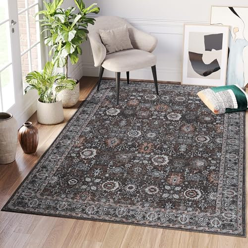 TAPISO Ritz Teppich Kurzflor Braun Schwarz Ornament rutschfest Weich Waschbarer Teppich Wohnzimmer Schlafzimmer Küche Flur ÖKO-TEX 200 x 300 cm