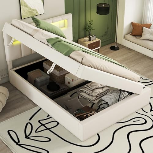 MYBOO Boxspringbett mit Bettkästen 90 x 200 cm, Polsterbett Stauraumbett Gepolstert Doppelbett mit LED Beleuchtung und Lattenrost, Ohne Matratze (Beige, 90x200)