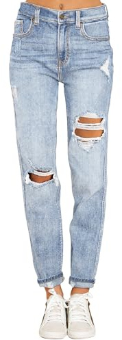 Roskiky Boyfriend - Jeans stretch da donna a vita alta, strappati, adatti per mamme, slim fit, in denim, XL