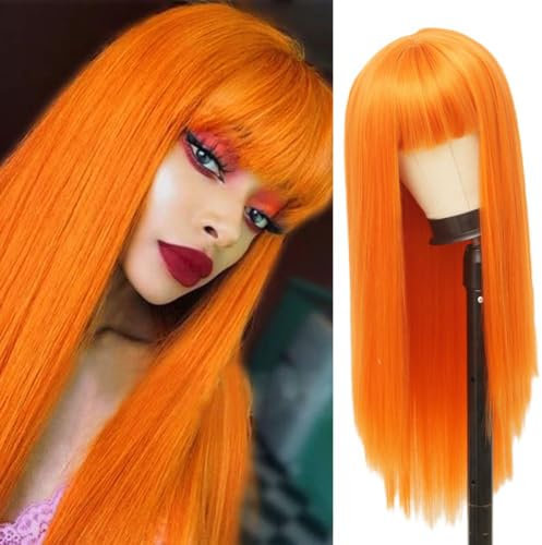 Salaibs Orange Lange Gerade Damen Perücke mit Bangs 28 Zoll Highlight Kunstfaser Haar Perücken für Cosplay Halloween Gebrauch